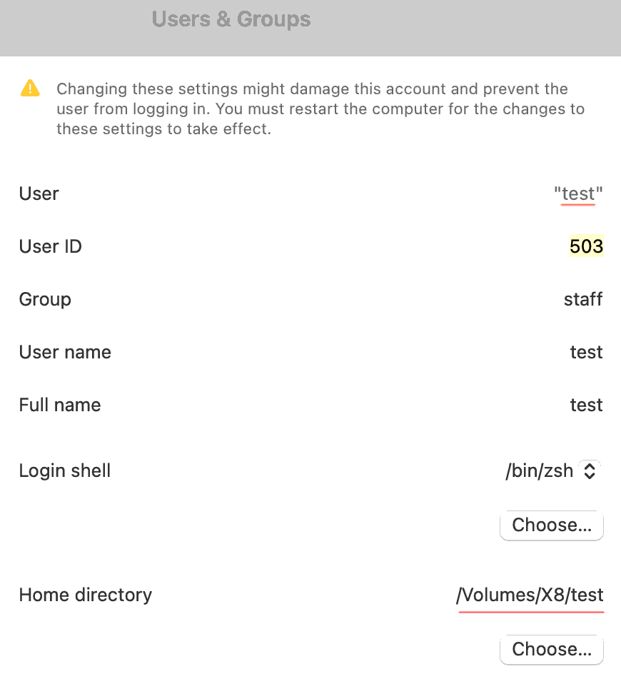 Login user "test" with home dir on volume "X8"